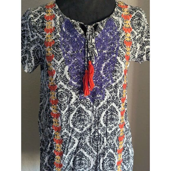 THML Anthropologie Embroidered Tunic Dress S Black White Boho Resort Tassel - Picture 2 of 6